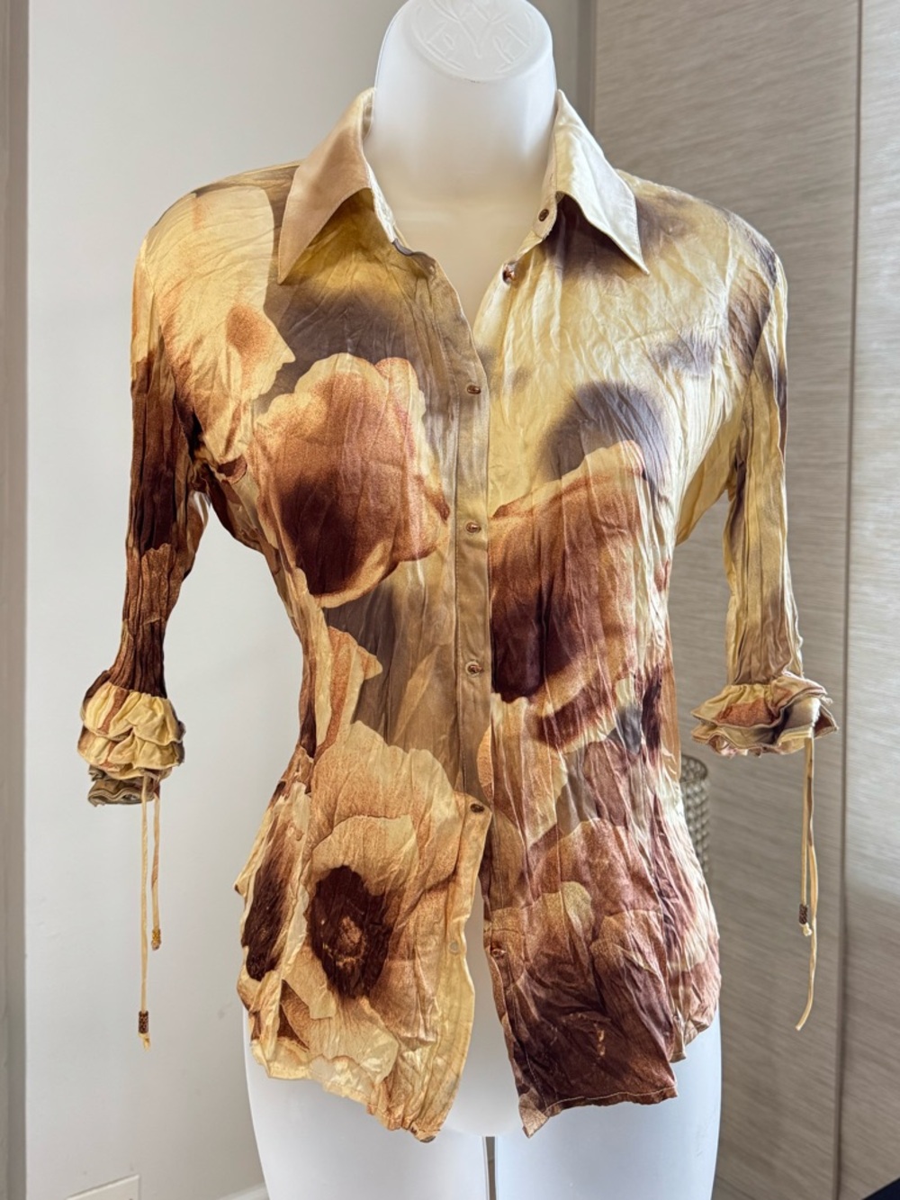 VINTAGE Roberto Cavalli Floral Button-Down Shirt in Gold and Brown Tones